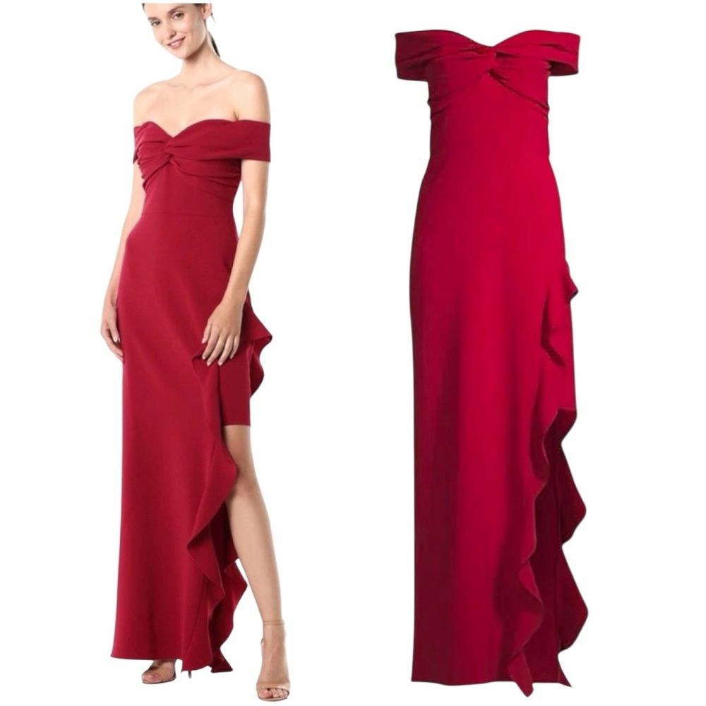 Shoshanna Midnight Solid Redd Wells Off the Shoulder Ruffle Cocktail Gown Size 6 - Picture 3 of 14